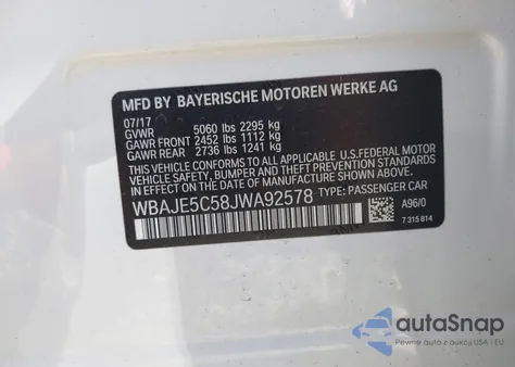 2018 BMW 540I from USA, damaged, VIN WBAJE5C58JWA92578